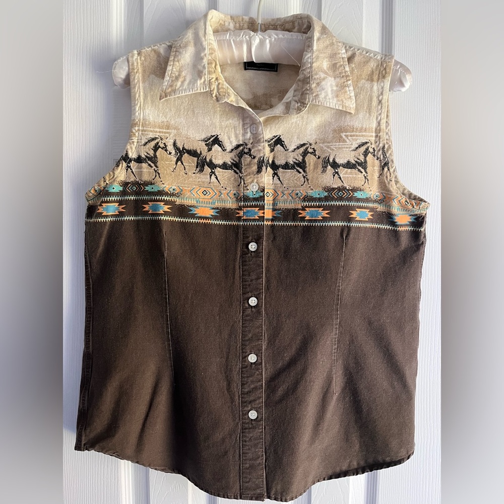 Wrangler Sleeveless Button Down Shirts - Brown and Cream - Picture 3 of 14